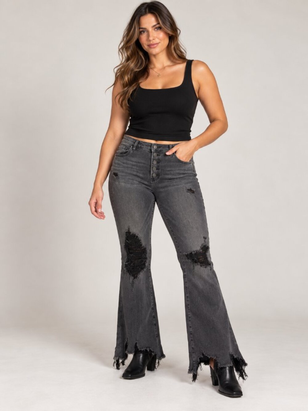 HIDDEN Jeans Charcoal Gray Distressed Flare Frayed Hem Y2K Size 30